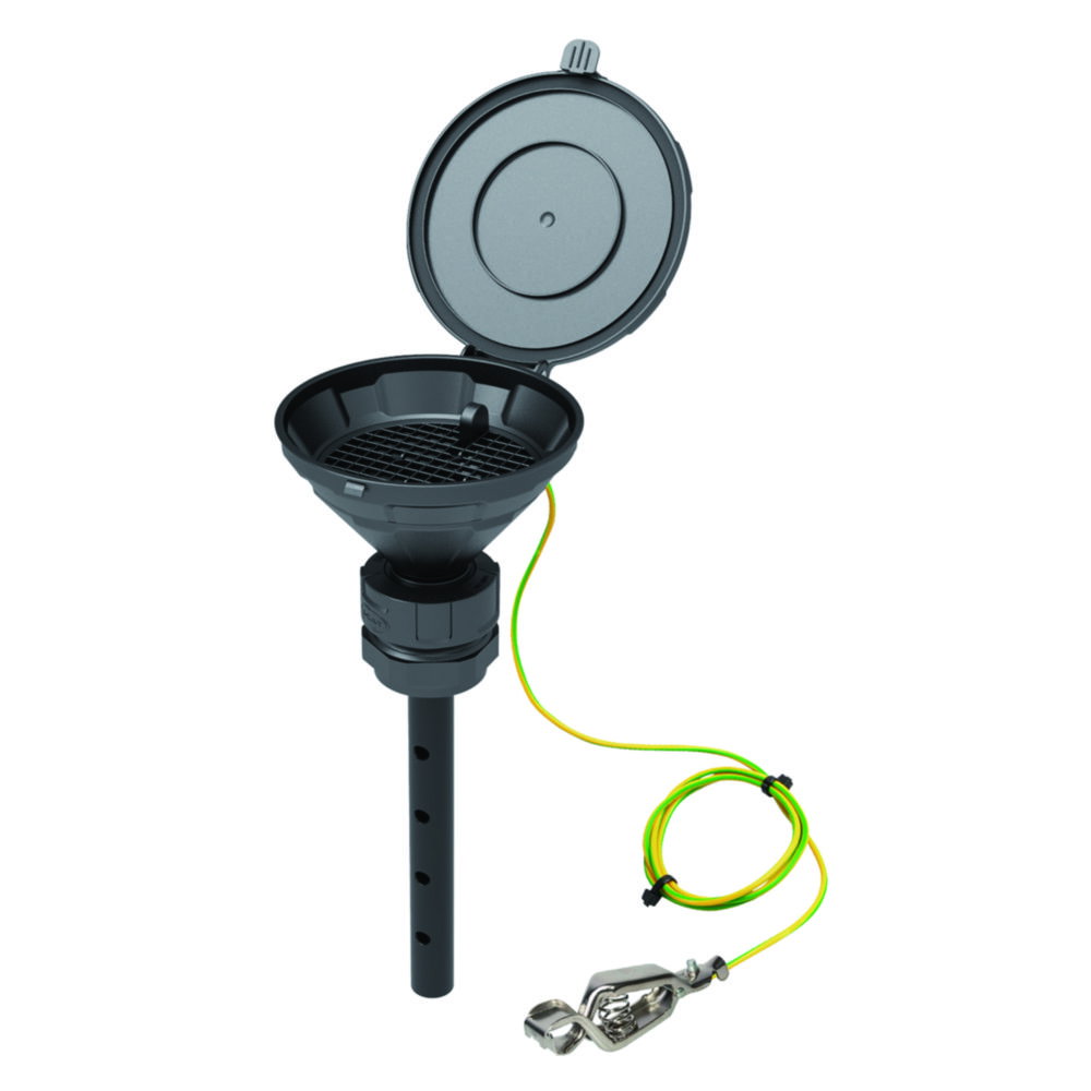Funnel with lid "MARCO", V2.0, S51, 140 mm, PE-HD electrostatic conductive, w. lance 220 mm, with removable sieve and earthing cable