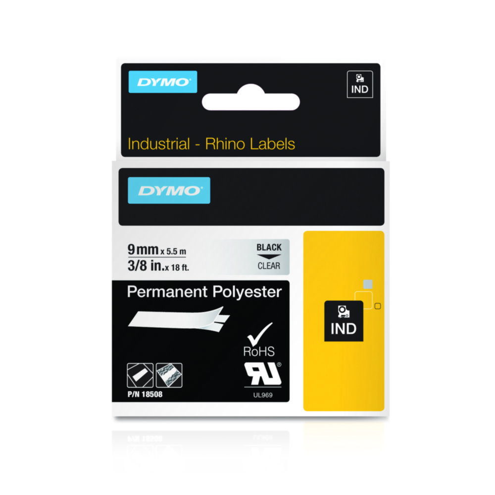 DYMO® Original IND-Tape for Rhino, 9mm x 5,5m, Permanent Polyester, black on clear