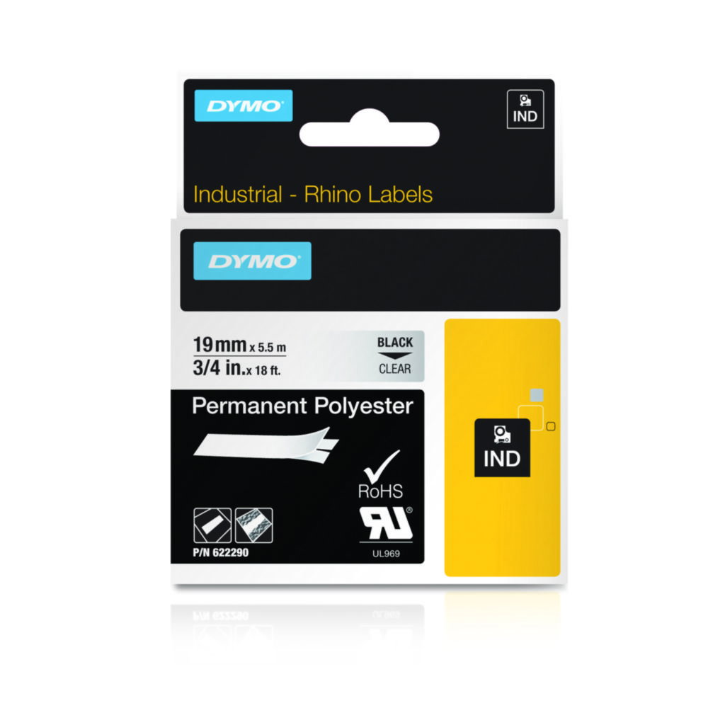 DYMO® Original IND-Tape for Rhino, 19mm x 5,5m, Permanent Polyester, black on clear