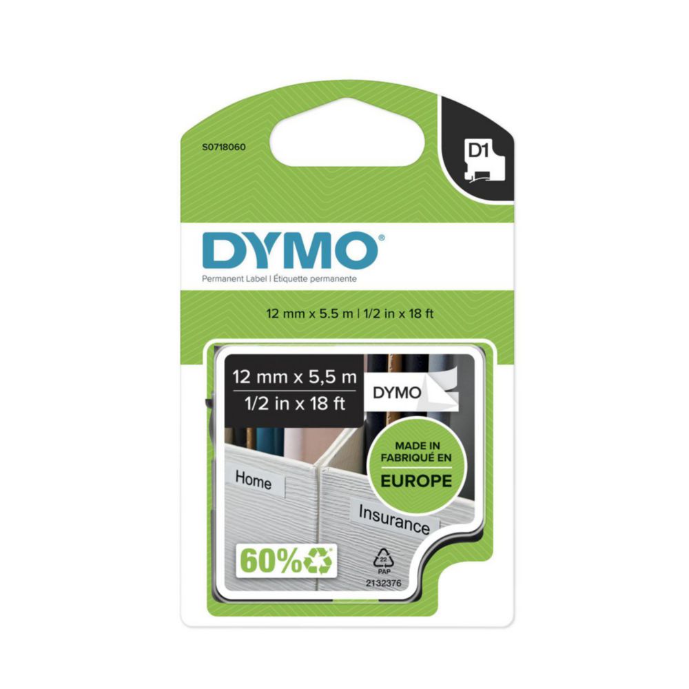 DYMO® D1-Tape Polyester (High Performance), 12mm x 5,5m, black on white