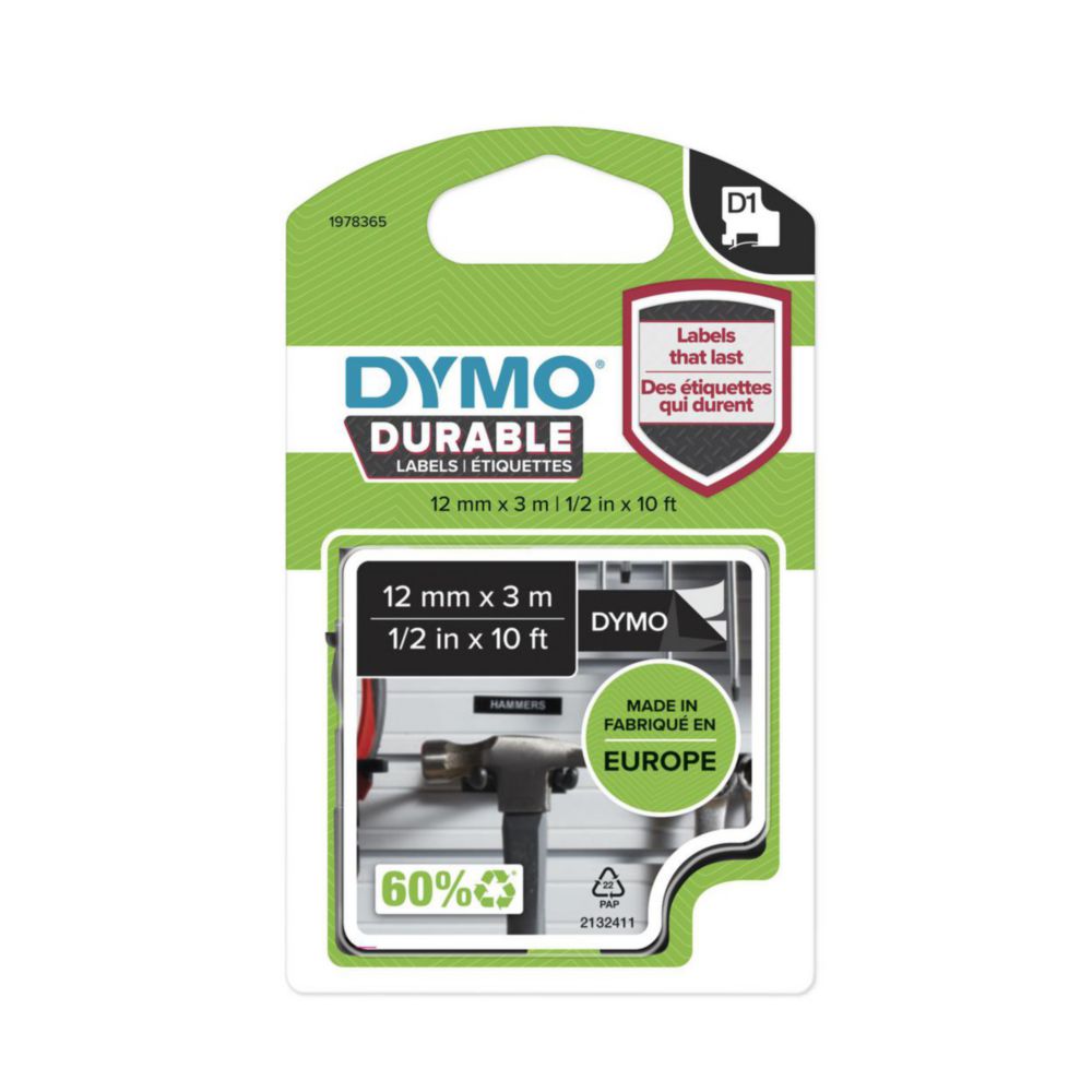 DYMO® D1-Tape Vinyl (High Performance), 12mm x 3m, white on black