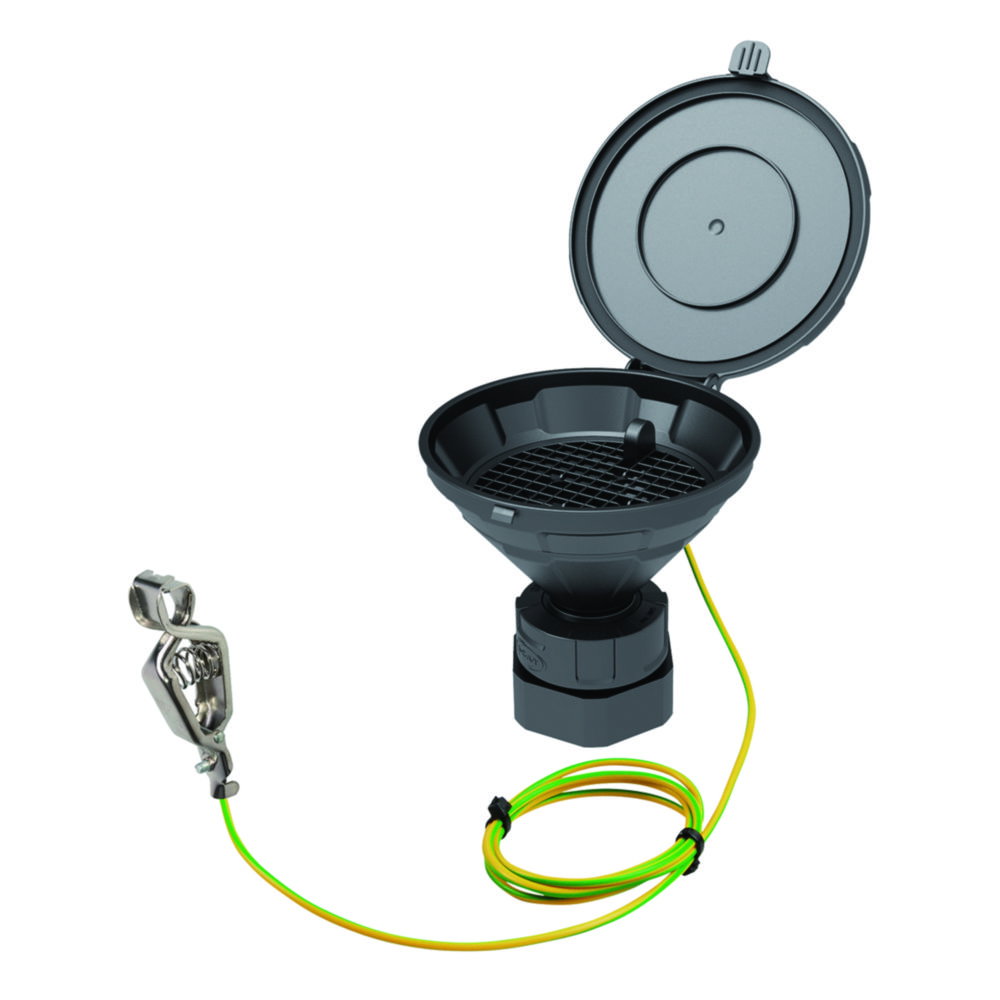 Funnel with lid "MARCO", V2.0, S65, V2.0, S55, PE-HD electrostatic conductive, 140 mm, with removable sieve and earthing cable