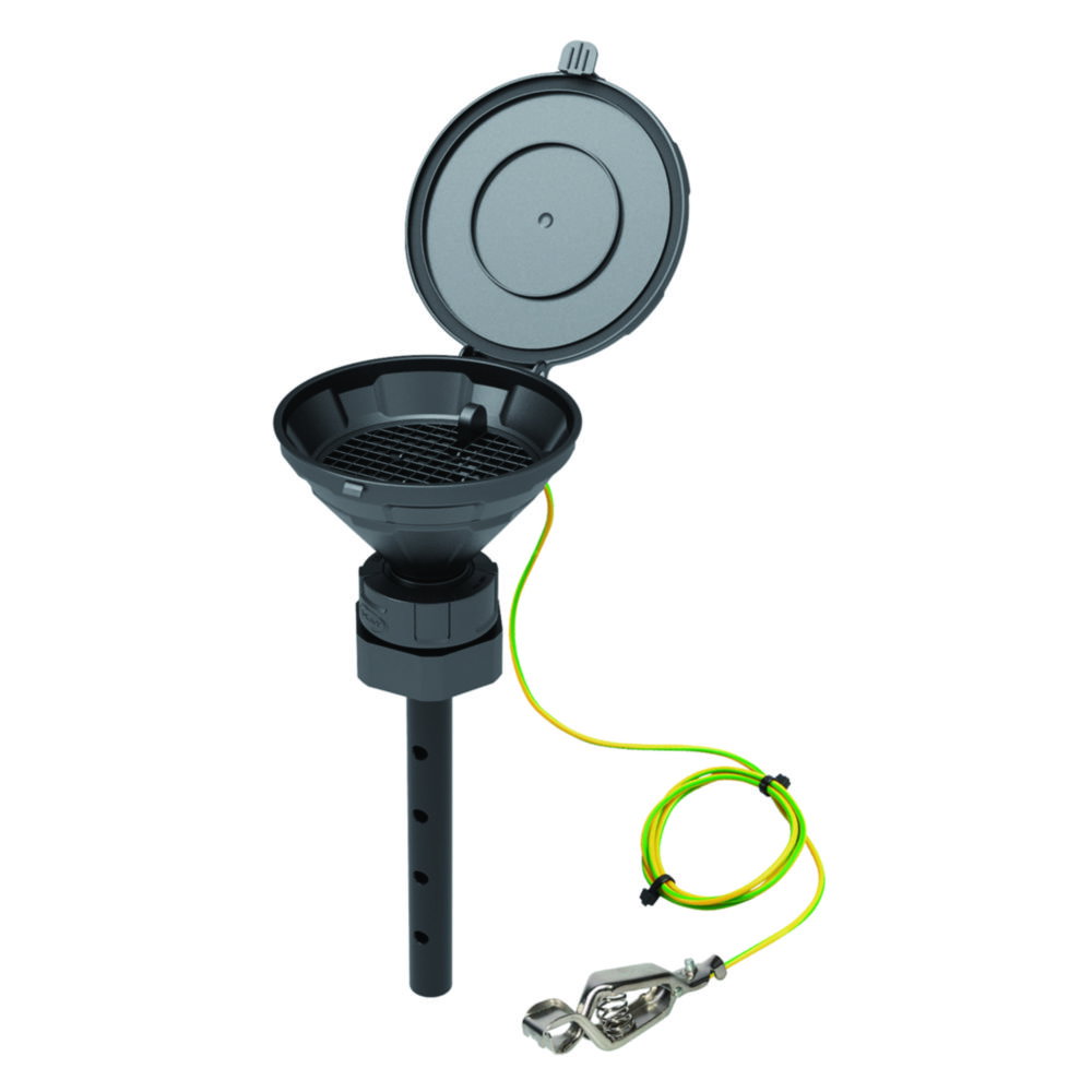 Funnel with lid "MARCO", V2.0, S65, 140 mm, PE-HD electrostatic conductive, w. lance 220 mm, with removable sieve and earthing cable