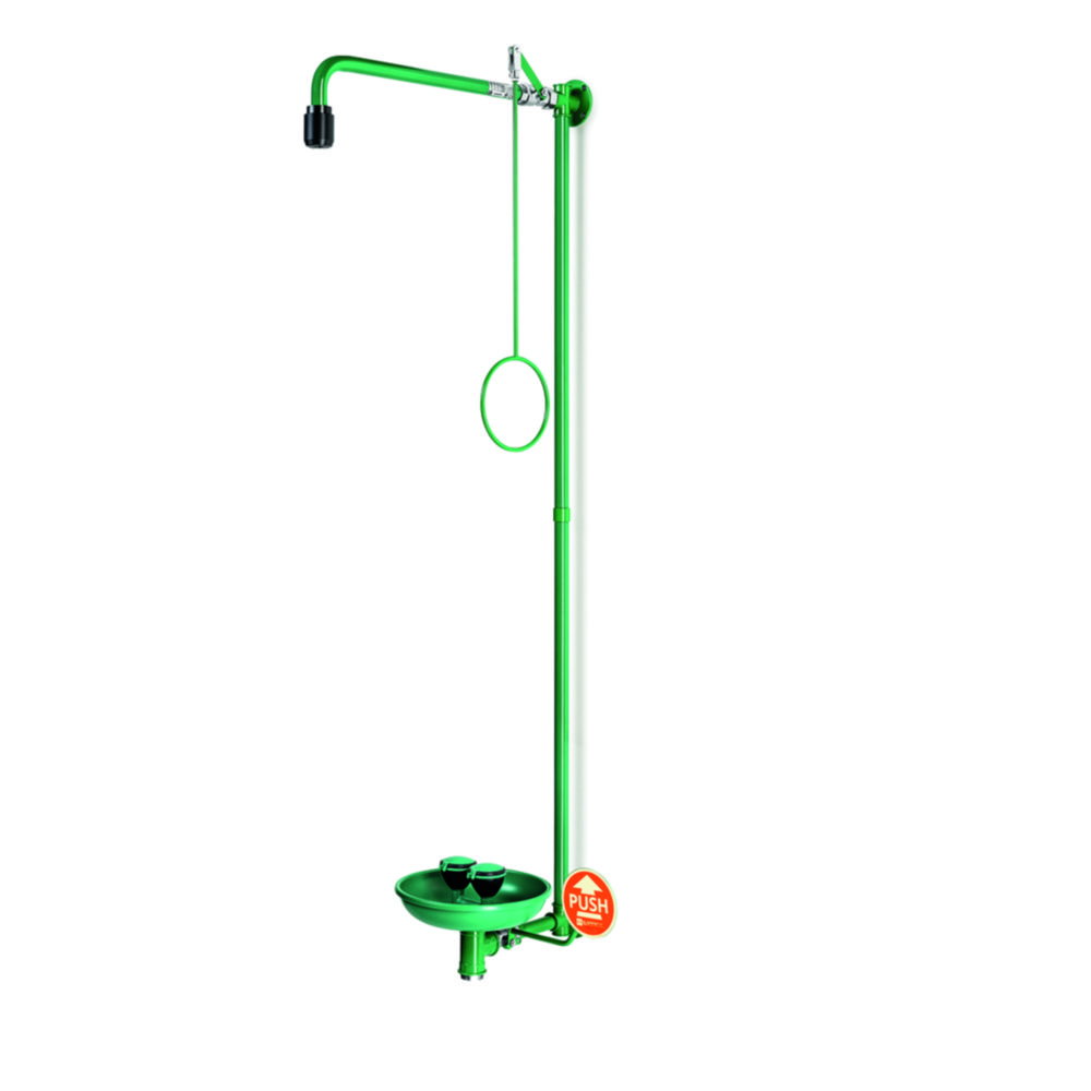 Body-Emergency shower ClassicLine with exe shower, for wall mounting with collecting basin stainless steel, grenn