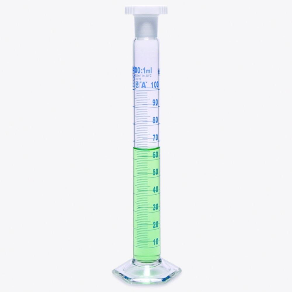 Mixing cylinder 50 ml, tall form glass, cl.A, with PP stopper blue scale, batch certified