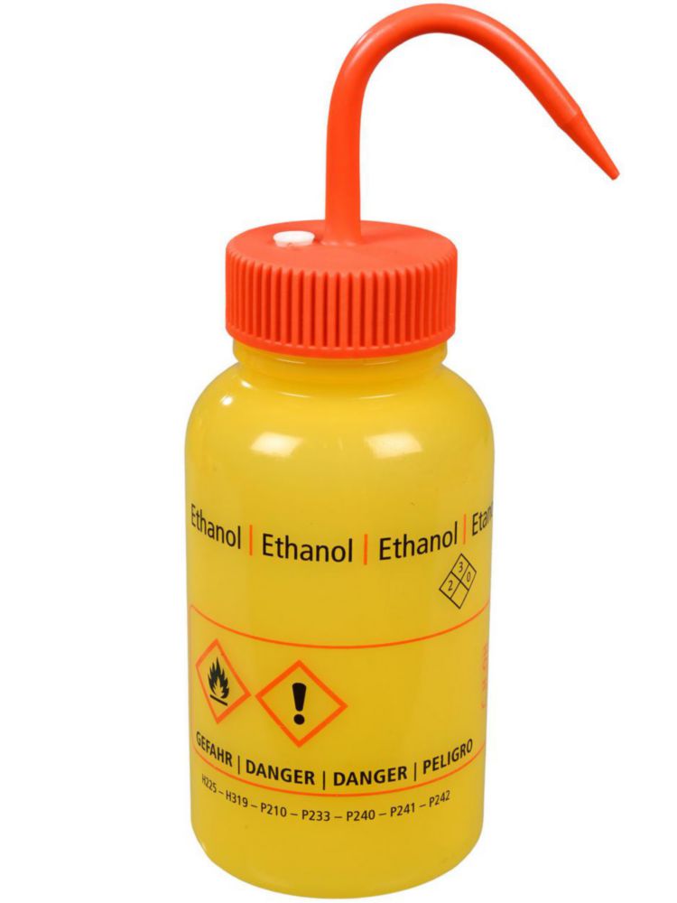 LeakProof wash bottle 500 ml LDPE, "Ethanol" printing in german, english and french