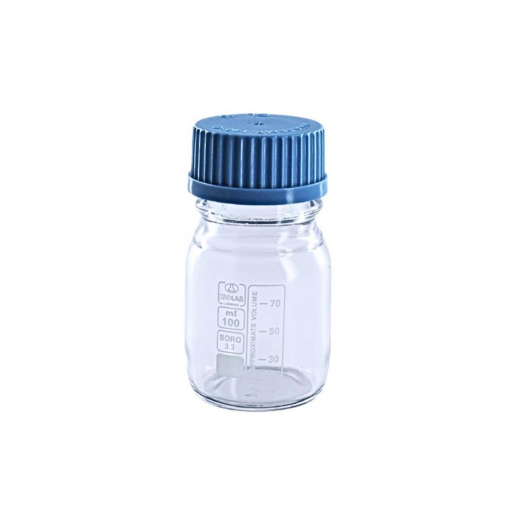 Bottle 100 ml clear, boro, with screw cap, coated