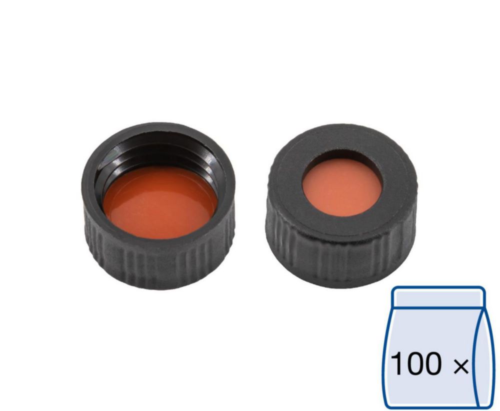 Screw caps N 9, black PP, hole red rubber/FEP colourles, hardness 40° shore A, septa thickn.: 1,0mm, pack of 100