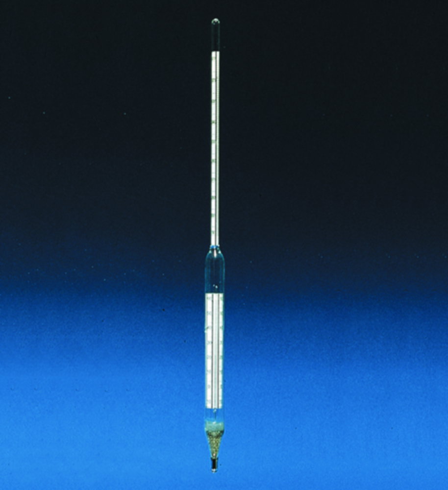 Hydrometer for mineral oils 0,750-0,840 g/ml : 0,001,Tp.15°C,390 mm with blue Wg.-thermometer