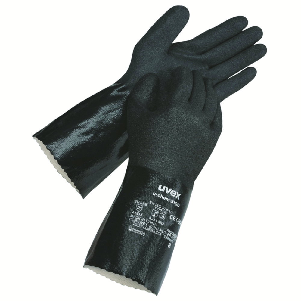 Protective gloves u-chem 3100 black, 30 mm with cuff, size 10 nitrile-rubber, pack of 1 box of 10 pair