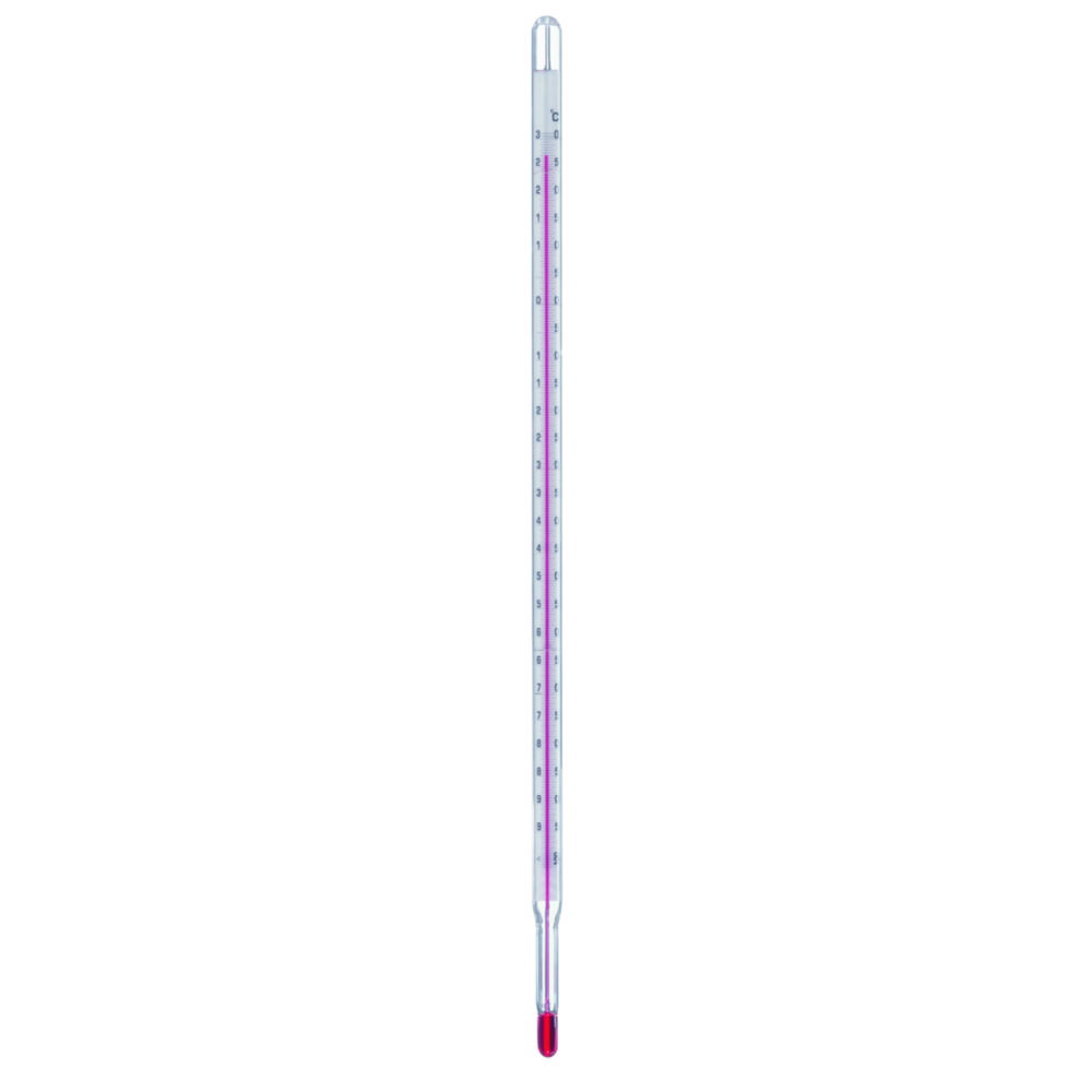 Precision thermometer -5...+100°C in 0.2°C stem type capillary: yellow back round indicator liquid: spec.red, immersion: total. length: 420 mm