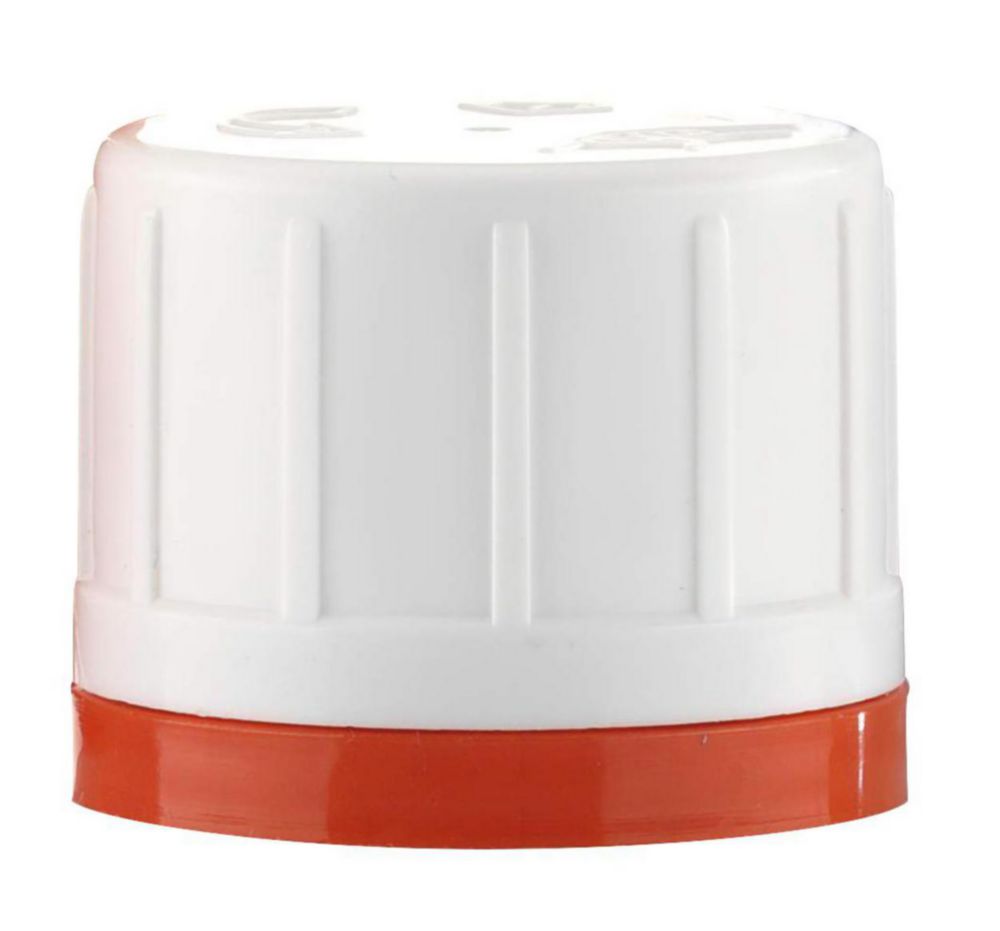 Tamper evident cap, PP white/red, 32mm, for 100-1000ml bottles with degassing function/membrane