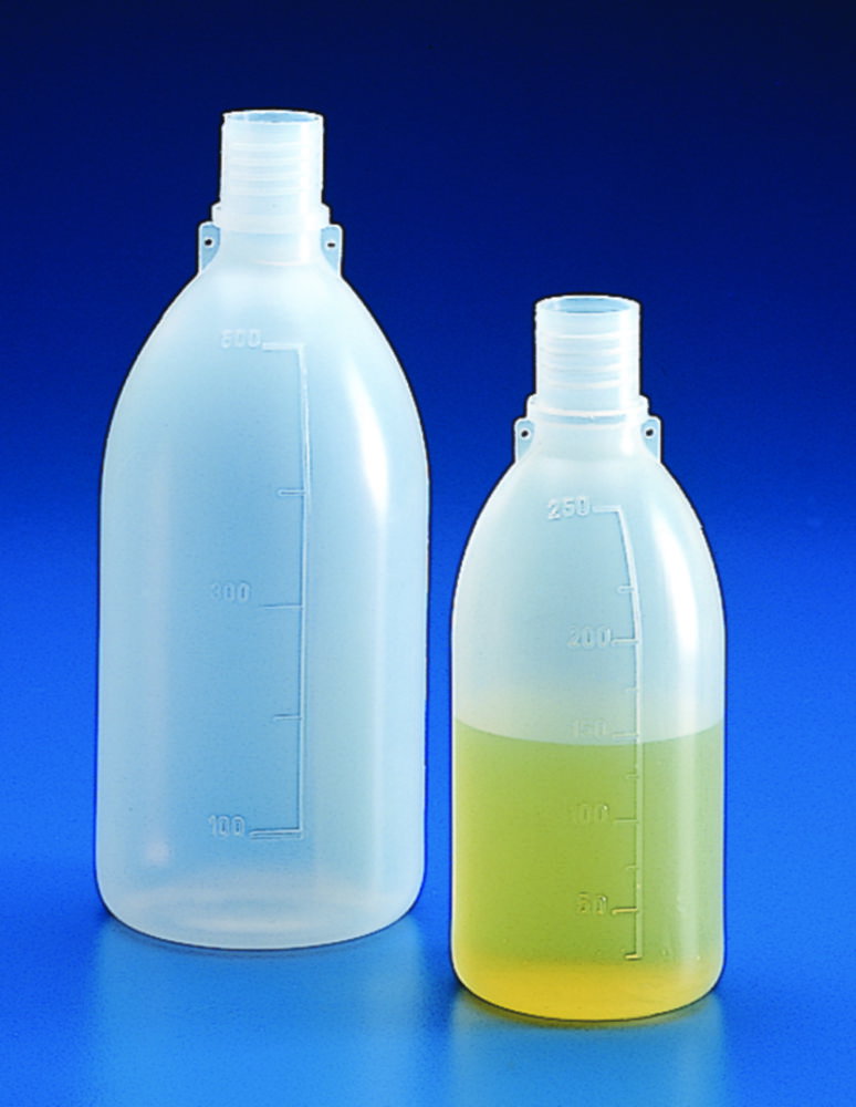 Narrow neck bottle 250ml, PE Gl 25, graduated, without closure