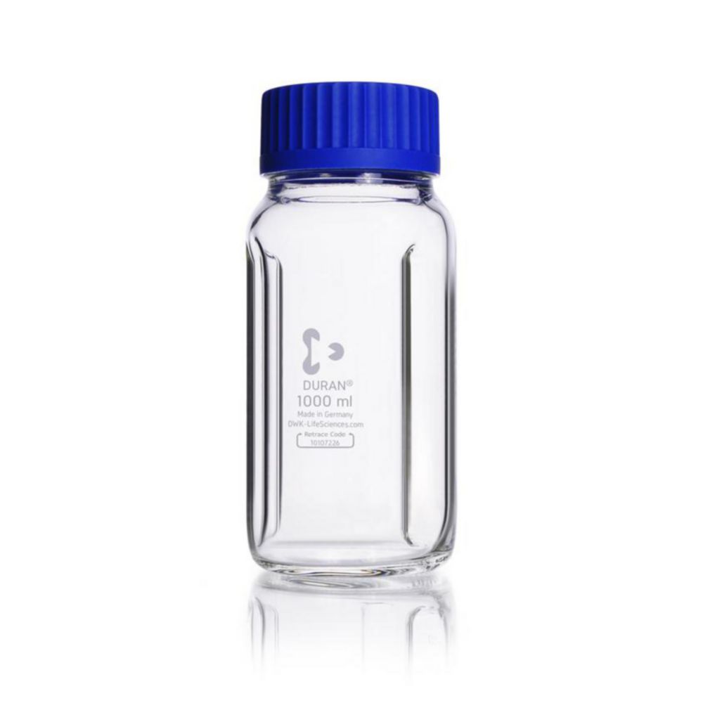 Baffled wide mouth bottle GLS80® 1000ml, clear DURAN®, with graduation, with screw-cap and pouring ring