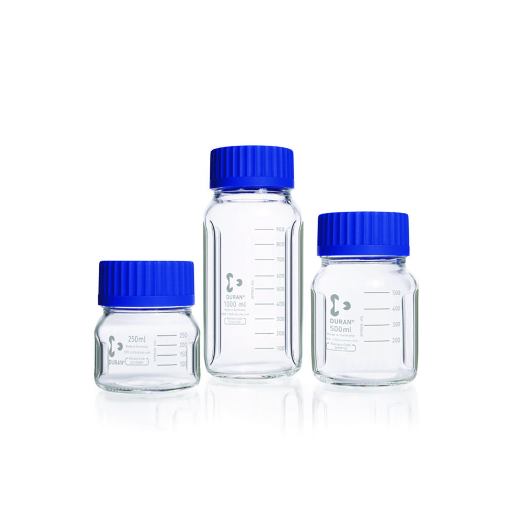 Baffled wide mouth bottle GLS80® 250ml, clear DURAN®, with graduation, with screw-cap and pouring ring