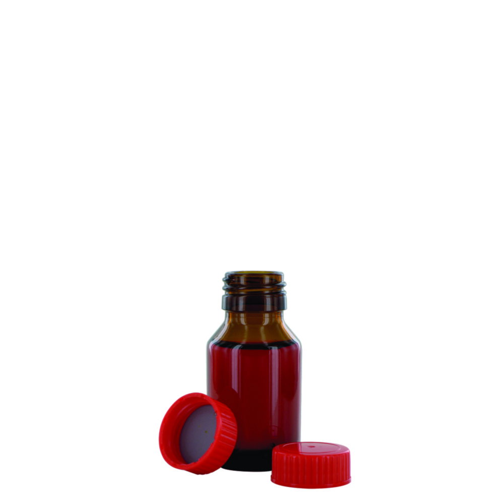 Narrow neck bottle NB 50 GT, 50ml amber glass, with closure and PTFE-insert, thread dia.28mm