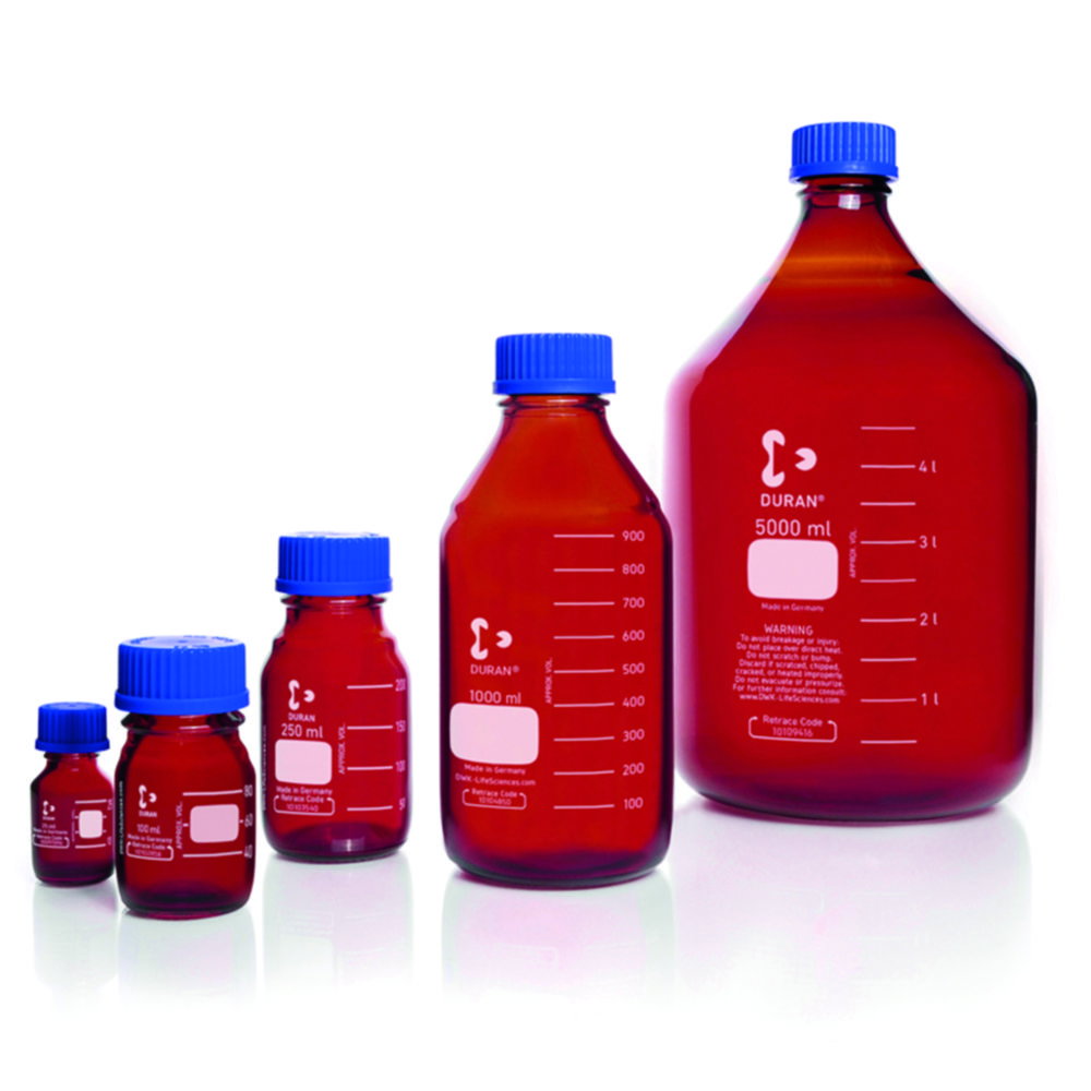 Laboratory bottle 150 ml, amber glass GL45, with cap and pouring ring