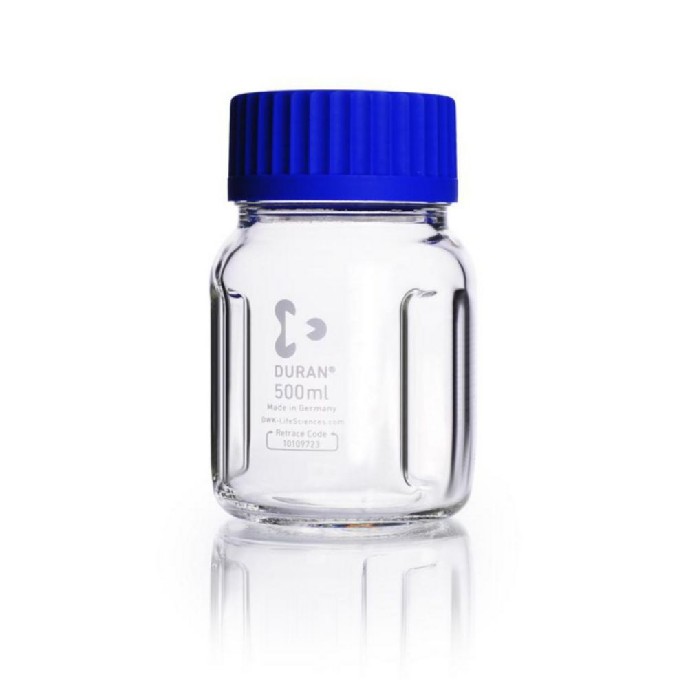 Baffled wide mouth bottle GLS80® 500ml, clear DURAN®, with graduation, with screw-cap and pouring ring