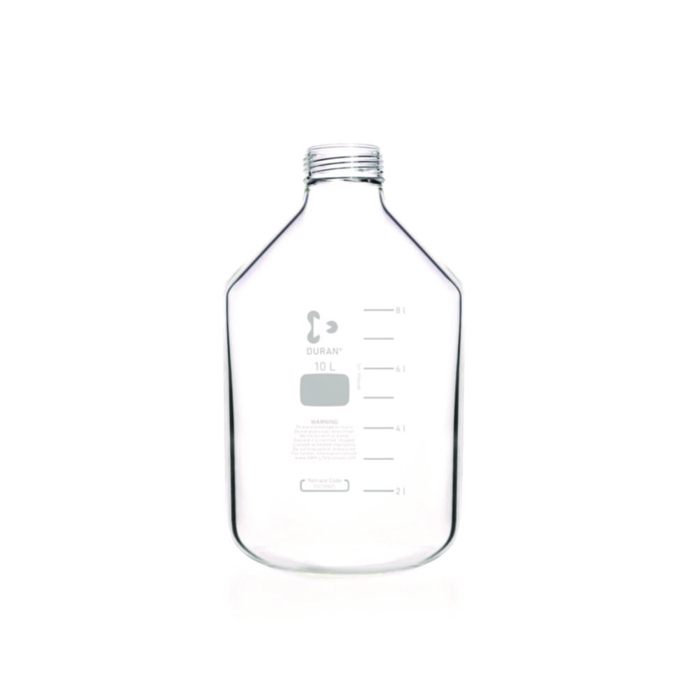 Laboratory bottle GLS80, 10 ltr. wide neck, clear, thick walls, w/o screw-cap and pourring ring