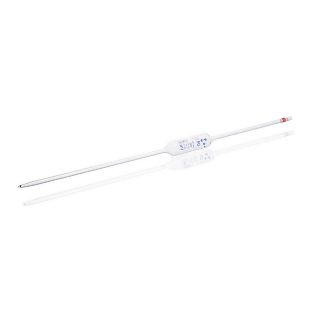 Glass bulb pipettes 50 ml, conformity certified blue print, accuracy class AS, batch certificate, batch certificate, 1 mark, pack of 6
