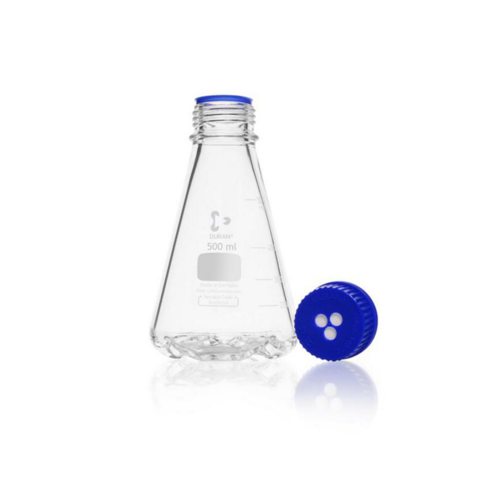 Baffle flask 500 ml GL 45, 4 bottom baffles, with membrane closure