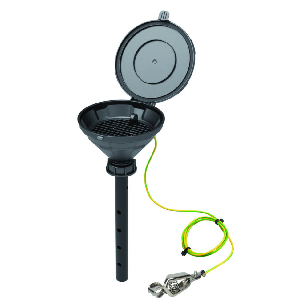 Funnel with lid "MARCO", V2.0, S50, 140 mm, PE-HD electrostatic conductive, w. lance 220 mm, with removable sieve and earthing cable