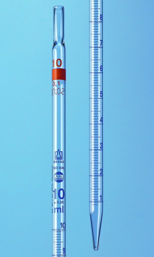 Measuring pipettes cap. 20 ml:0,1 ml BLAUBRAND®, class AS, absolute drain, AR glass, blau graduation, type 2, pack of 6