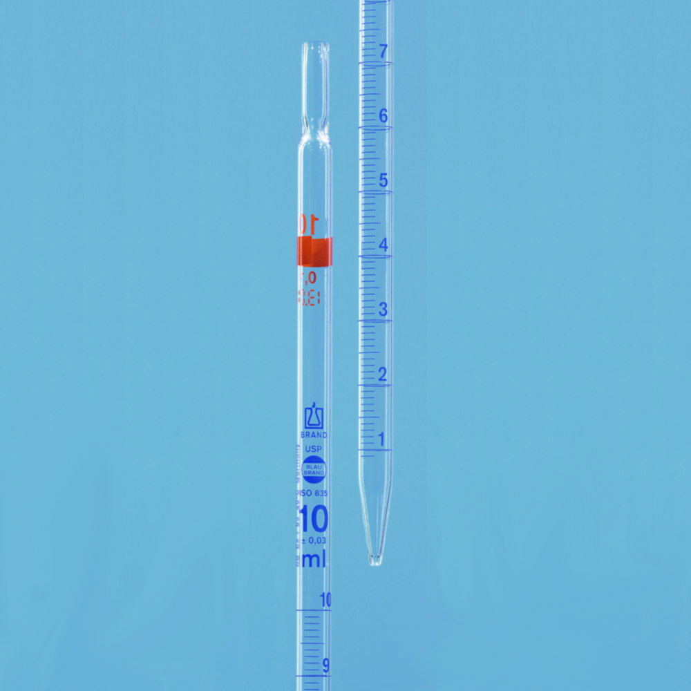 Measuring pipette cap. 1 ml:0.01 ml USP, BLAUBRAND®, absolute drain, conform.certified class AS, AR glass®, blue grad., type 2 pack of 12