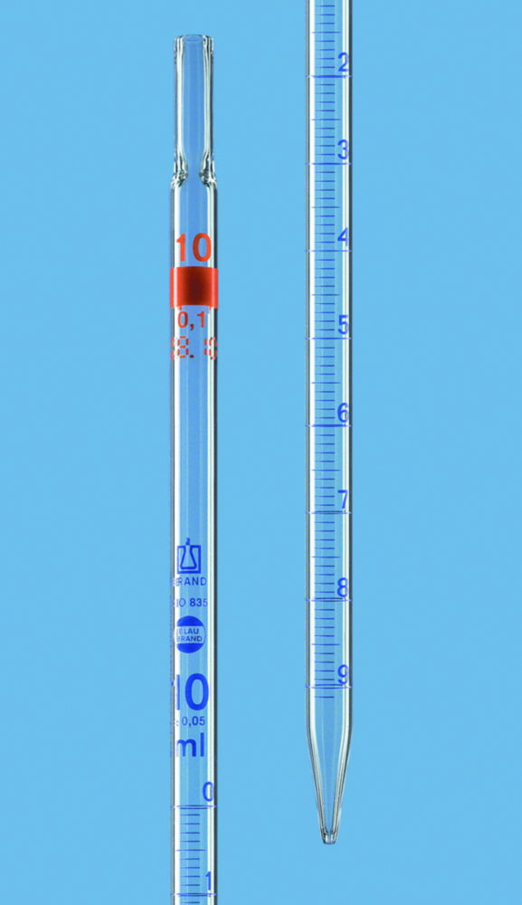Measuring pipette 2 ml:0.02 ml AR-glass, BLAUBRAND®, cl. AS, full drownspout, blue grad. pack of 12
