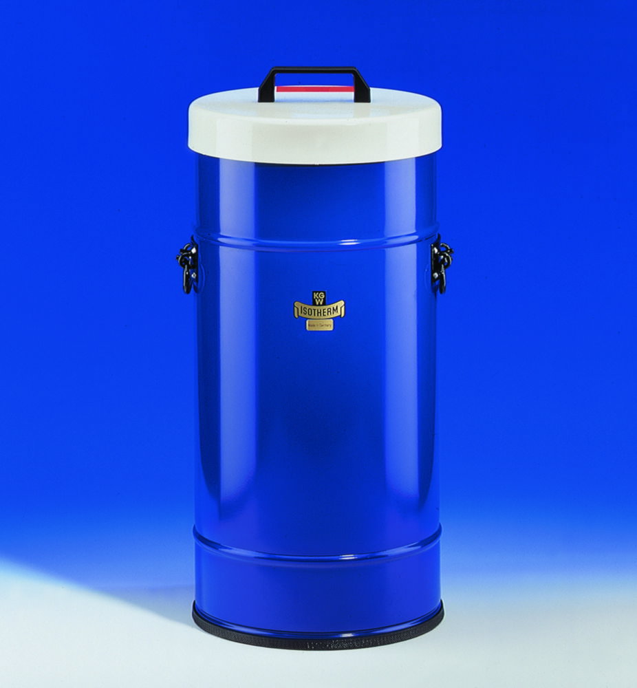 Large insulating vessels,with cover and handle ap. 28 ltrs., blue coated protective casing out of metal
