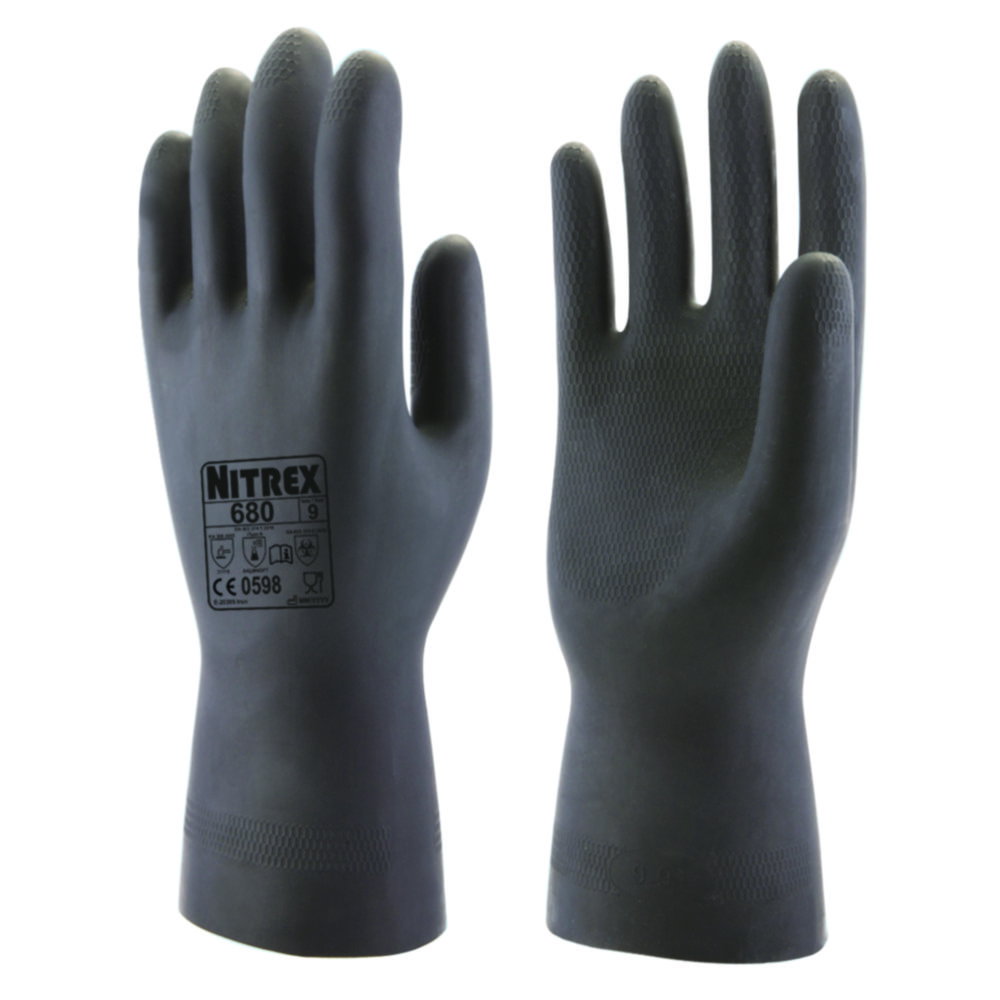 Chemical protective gloves Nitrex 680 L (9) latex, black, inside flocked, pack of 10 pair
