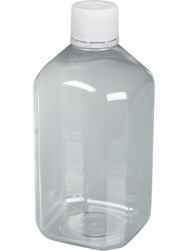 Laboratory bottle 1000 ml, PET, sterile transparent, moulded graduation with tamper-evident cap