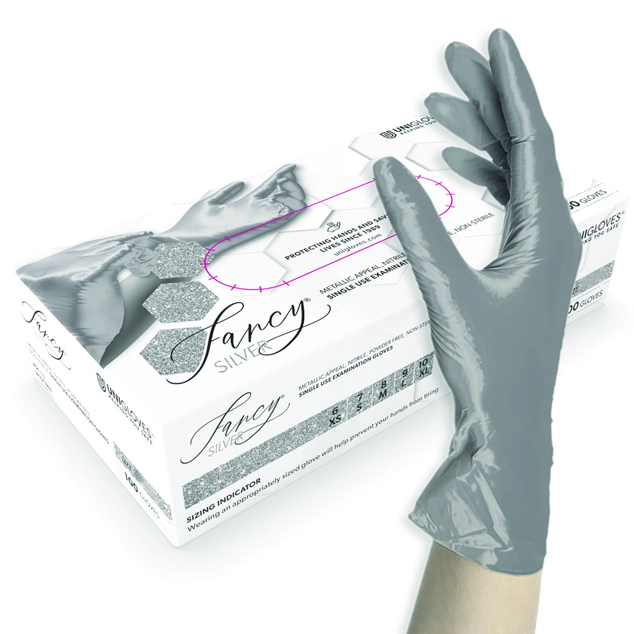 Nitrile gloves FANCY® SILVER, size XS silver-coloured shiny, powder-free, pack of 100