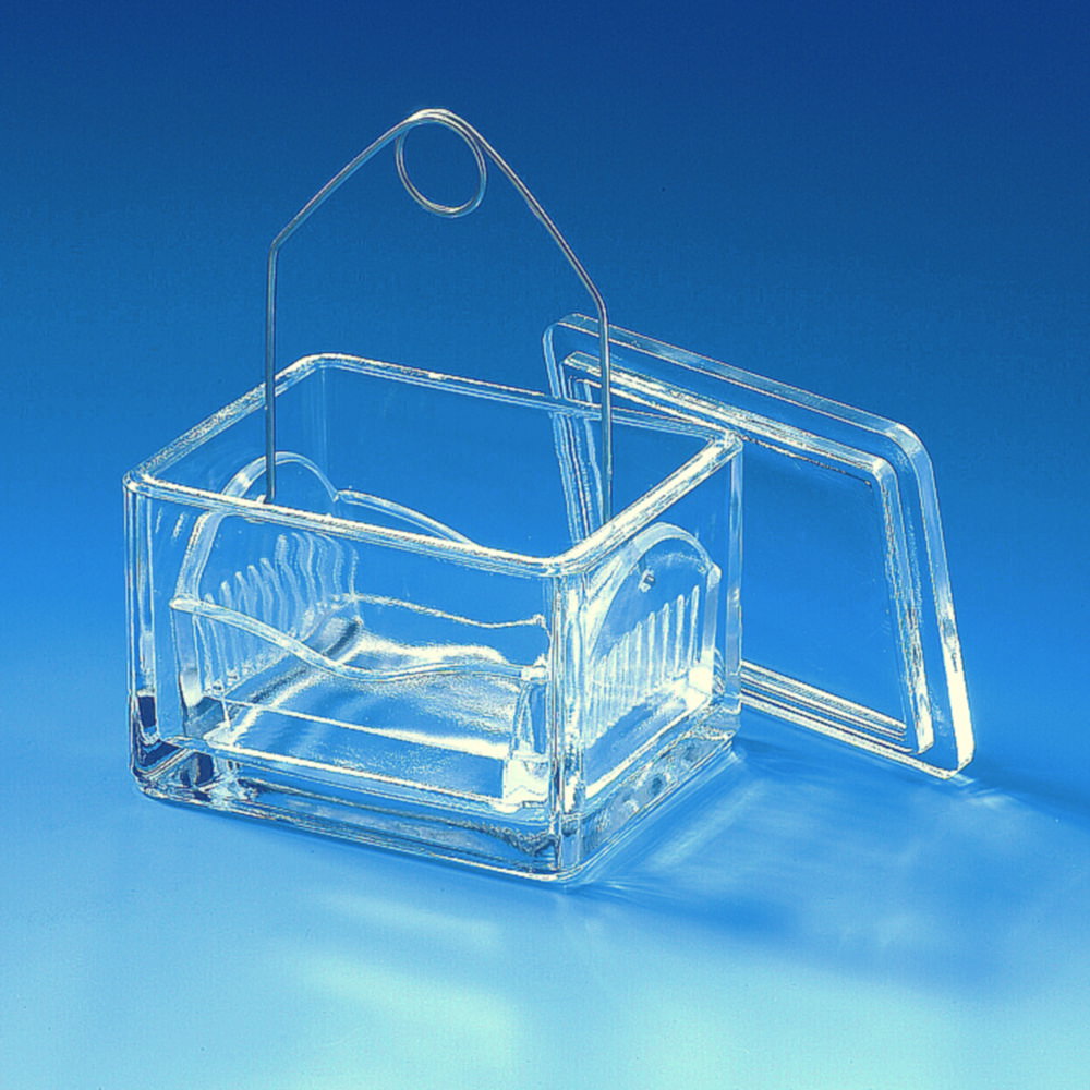 Staining trough 105 x 85 x 70 mm Soda-lime glass, with lid pack of 10
