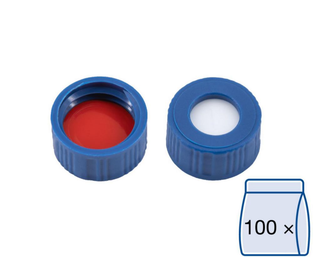 Screw caps N 9, blue PP, with centre hole 5.5 mm, sealing discs: silicone rubber/PTFE white/red pack of 100