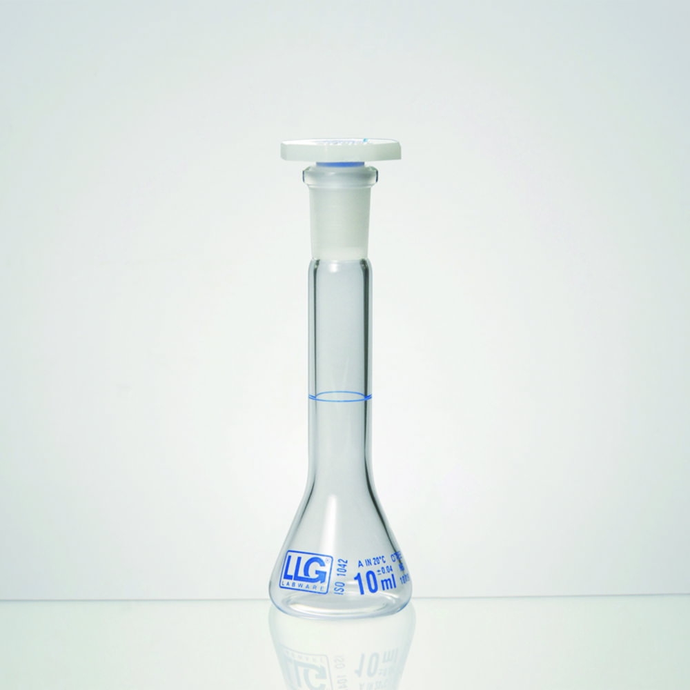 LLG-Volumetric flask 25 ml, clear, trapezoidal, boro 3.3, class A, NS 10/19, PE-stopper, blue scale, batch identification, pack of 2