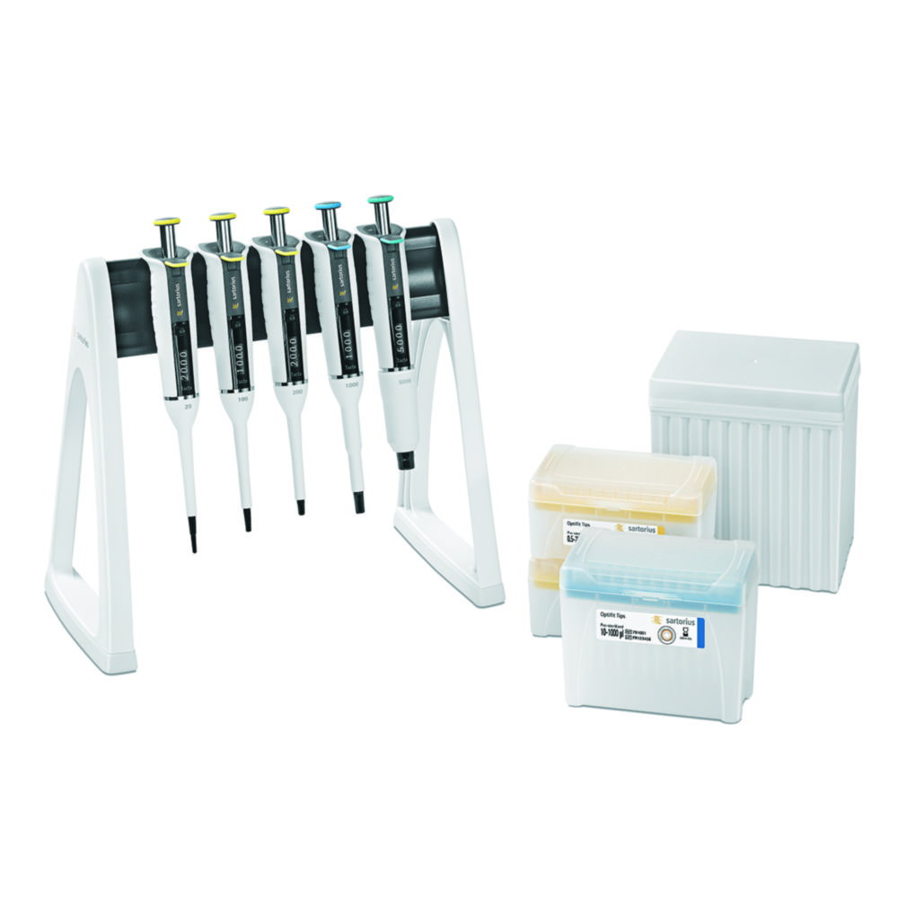 Tacta® Pipette 5-pack 20 incl. Linear Stand and Tacta® Pipetten: 2-20;10-100;20-200;100-1000 a. 500-5000l µl and Sartorius Optifit Tip tray Box