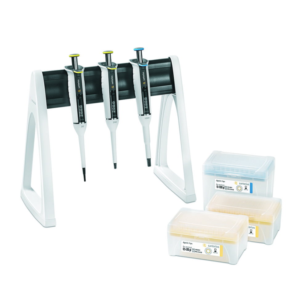 Tacta® Pipette 4-pack 100 incl. Linear Stand and Tacta® Pipetten: 0,5-10; 10-100; 20-200; a. 100-1000 µl and Sartorius Optifit Tip tray Box