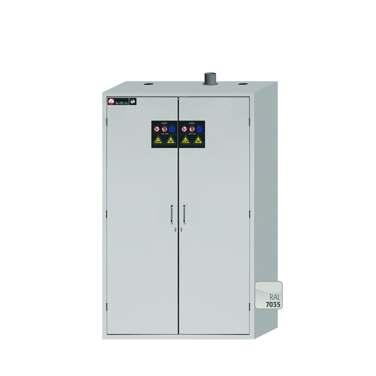 Acid-Base cabinet SL-CLASSIC MV.WD 1197 x 603 x 1965 mm (WxDxH), swing doors grey RAL 7035, 8 pull-out shelves with trays