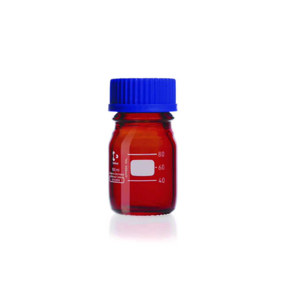Laboratory bottles,DURAN®,amber glass,graduated, with screw cap and spout, GL 45 , cap. 100 ml