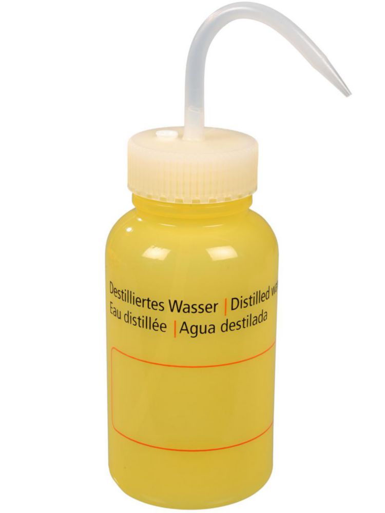 LeakProof wash bottle 500ml, LDPE, "Dest. Water" printin in german, english and french