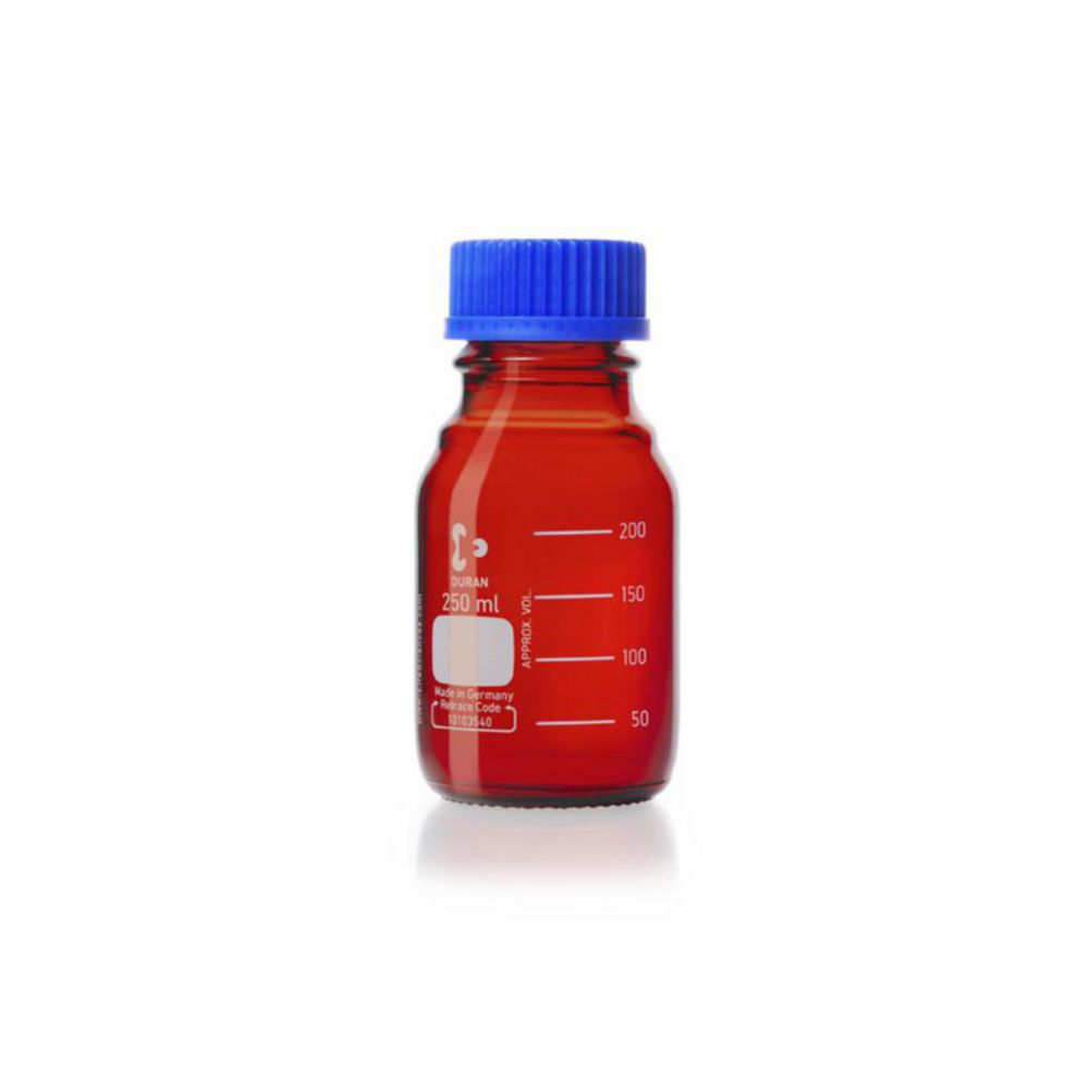 Laboratory bottles,DURAN®,amber glass,graduated, with screw cap,GL 45,cap. 250 ml