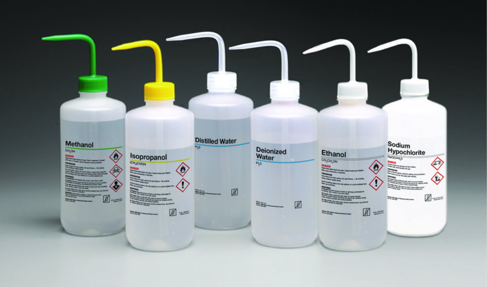 Safety vented wash bottles 500ml Ethanol, LDPE, closure PP white, pack of 6