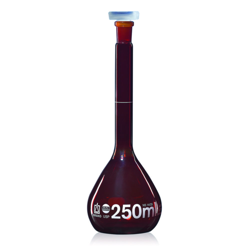 Volumetric flasks, USP, BLAUBRAND®, class A, DE-M, amber, 250 ml, NS 14/23, Boro 3.3, with PP stopper, USP individual certificate
