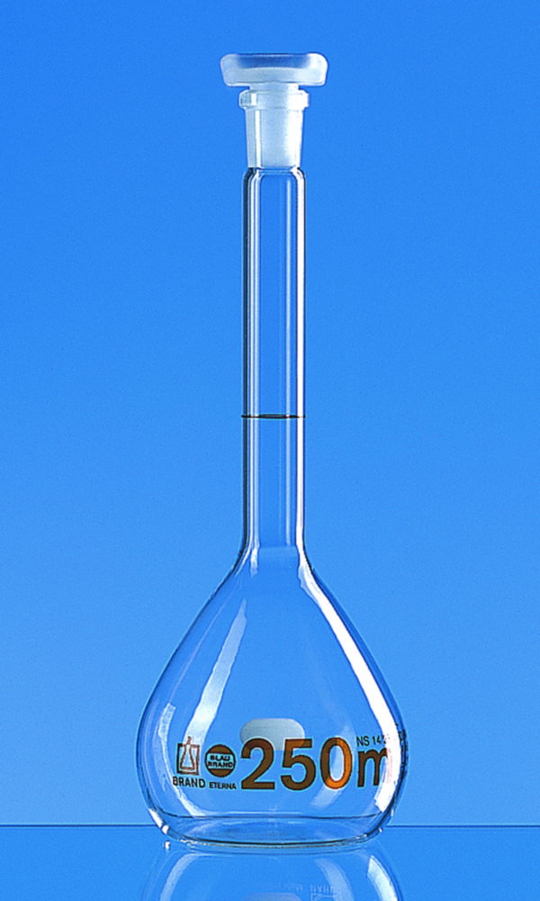 Volumetric flasks, BLAUBRAND® ETERNA, class A, DE-M, 2000 ml, NS 29/32 Boro 3.3, PP stopper, individual certificate