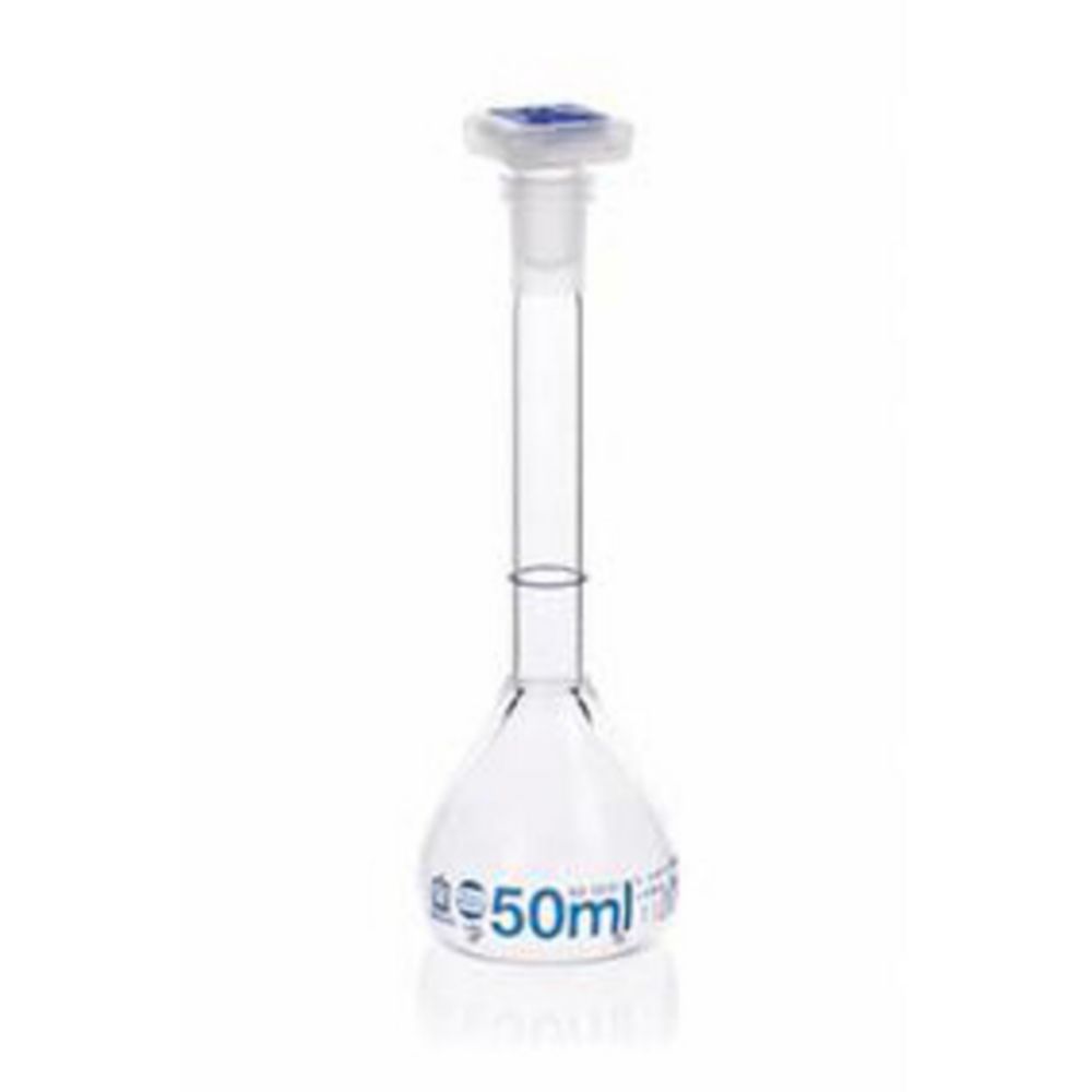 Vol. flask 50 ml, BLAUBRAND® class A, NS-PP-stopper, NS 12/21, with individual certificate
