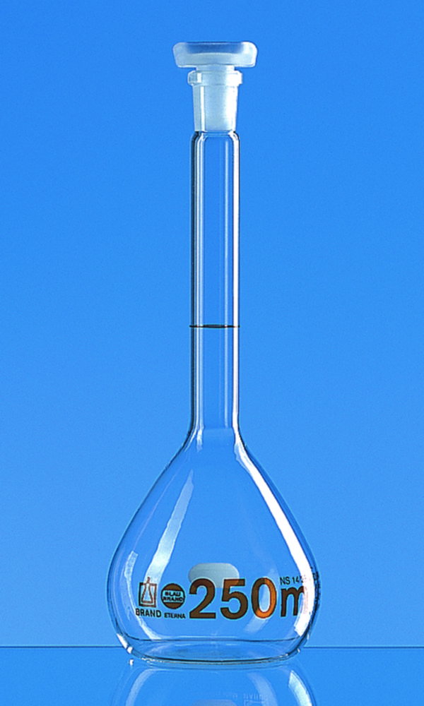 Volumetric flasks, USP, BLAUBRAND® ETERNA, class A, DE-M, 100 ml, NS 14/23, Boro 3.3, with PP stopper, USP individual certificate