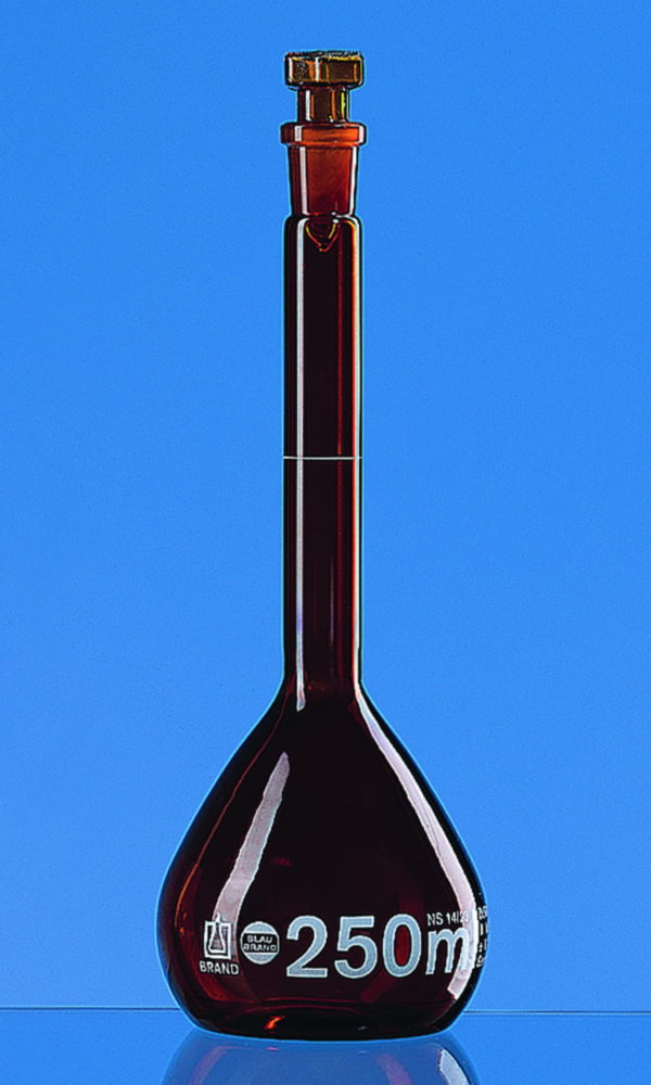 Volumetric flasks, BLAUBRAND® Class A, DE-M, brown, 20 ml, NS 10/19 Boro 3.3, glass stopper, individual certificate