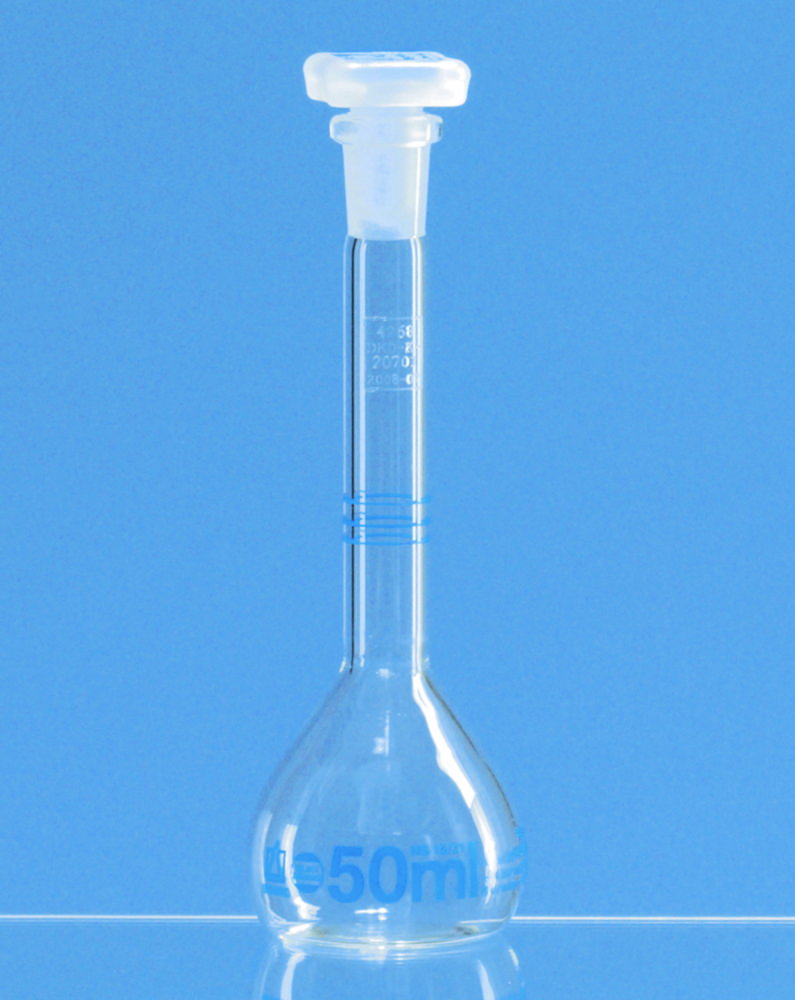 DAkks-test volumetric flask 25 ml, NS 10/19 with 3 marks, BLAUBRAND®, cl. A, Boro 3.3, PP stopper, for Dispensette®