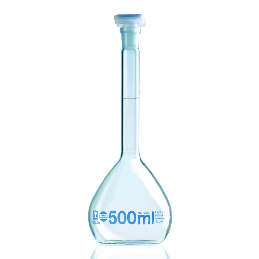 Volumetric flasks, BLAUBRAND® Class A, DE-M, 100 ml, NS 12/21 Boro 3.3, PP stopper, individual certificate